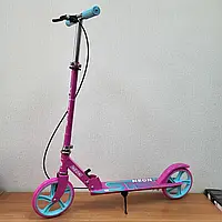 Детский самокат для детей 5-10 лет Розовый с бирюзовыми колесами Skyper Neon, двухколесный, ручной тормоз
