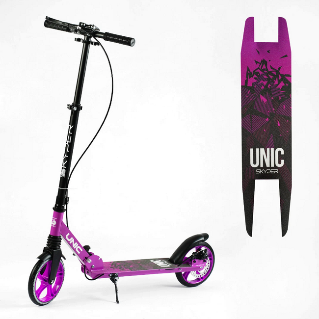 Самокат двоколісний Skyper Unic з ручним дисковим гальмом передній амортизатор фіолетовий, фото 1