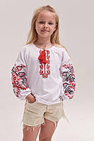 Вишиванка для дівчинки "Жоржина" біла з червоною вишивкою, дитяча вишита блузка з довгим рукавом