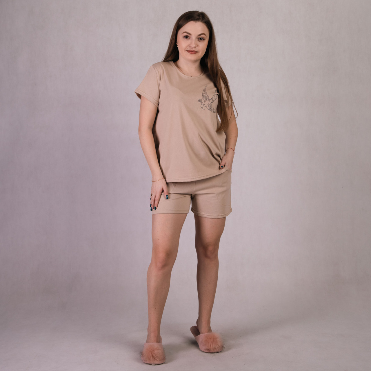 Піжама жіноча із шортами бавовна на літо бежевий р.46-60