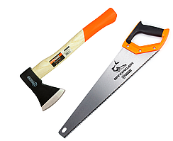 Набір сокира 600 г дерев'яна ручка і ножівка BARRACUDA 400 мм Polax (335-32)
