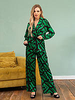 Принтований зелений костюм з широкими брюками та лампасами., розмір S