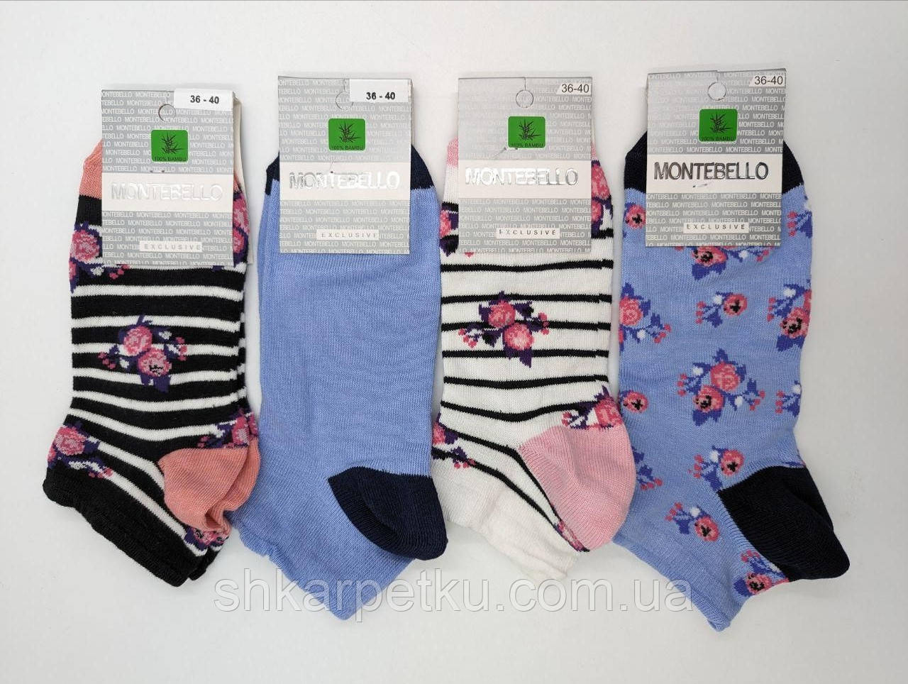 Жіночі шкарпетки короткі бавовна в смужку Montebello з квітками 36-40 12 пар/уп мікс кольорів