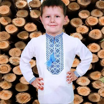 Вишиванка для хлопчика біла Козак, вишивка хрестиком, довгий рукав, повсякденна, на 1,2,3,4,5,6,7,8,9років