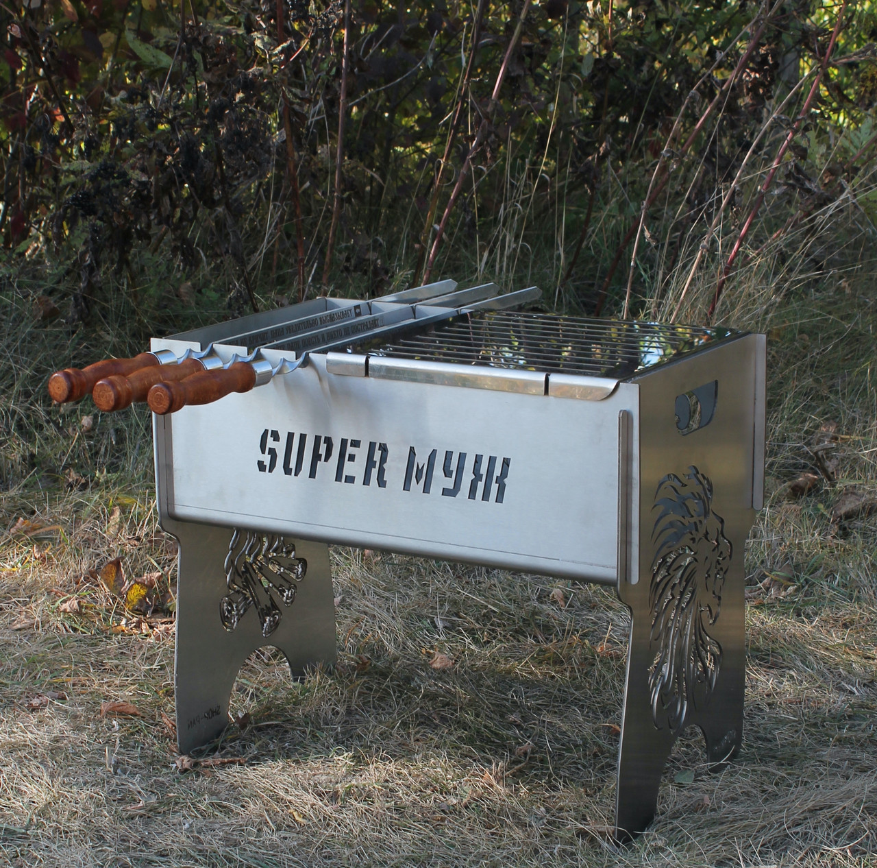 Розкладні мангали з неіржавкої сталі Мангал автоматичний на 8 шампурів із регулюванням висоти дна, фото 1