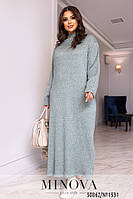 Женское длинное платье с длинными рукавами из ангоровой ткани и разрезом на подоле с 50 по 64 размер