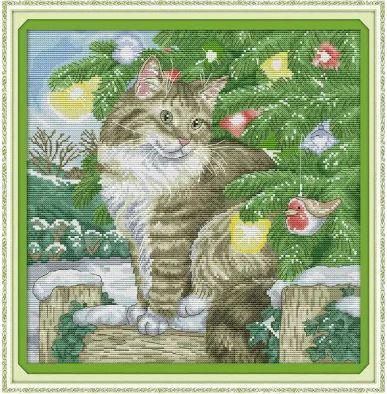 Набір для вишивання за нанесеною на канву схемою "Christmas cat". AIDA 14CT printed 36*36 см