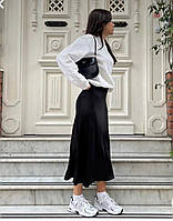Женская шелковая юбка миди, с завышенной талией, черная