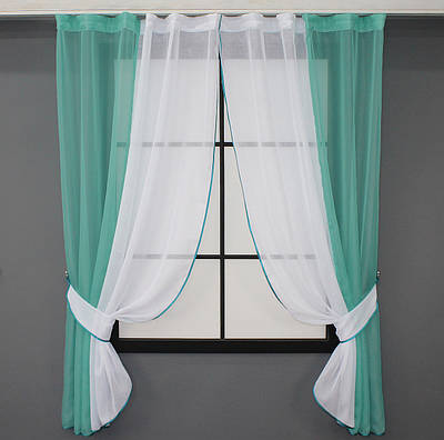 Кухонні шторки (270х170см), на карниз 1,5-2м. Колір бірюзовий з білим. Код 083к 52-0720