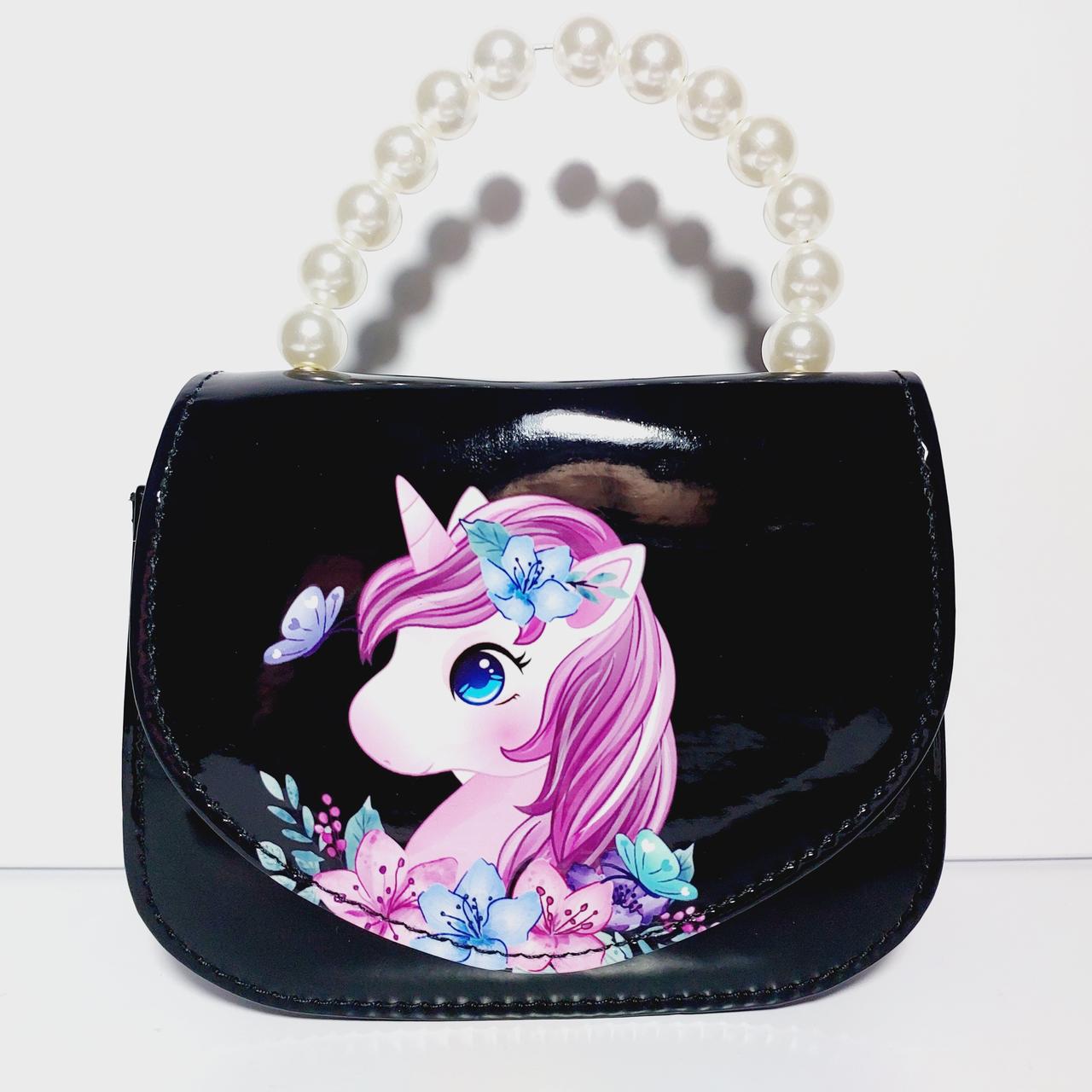 Дитяча лакова сумочка з єдинорогом чорна 7007м, фото 1