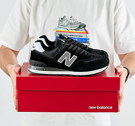 Чоловічі кросівки New balance 574 black white Нью Баланс чорно-білі замш сітка весна осінь