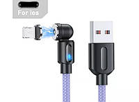 Магнитный кабель USLION 2 в 1 / Lightning (Iphone) - USB / 540 градусов / Круглый / 100 см. / Фиолетовый