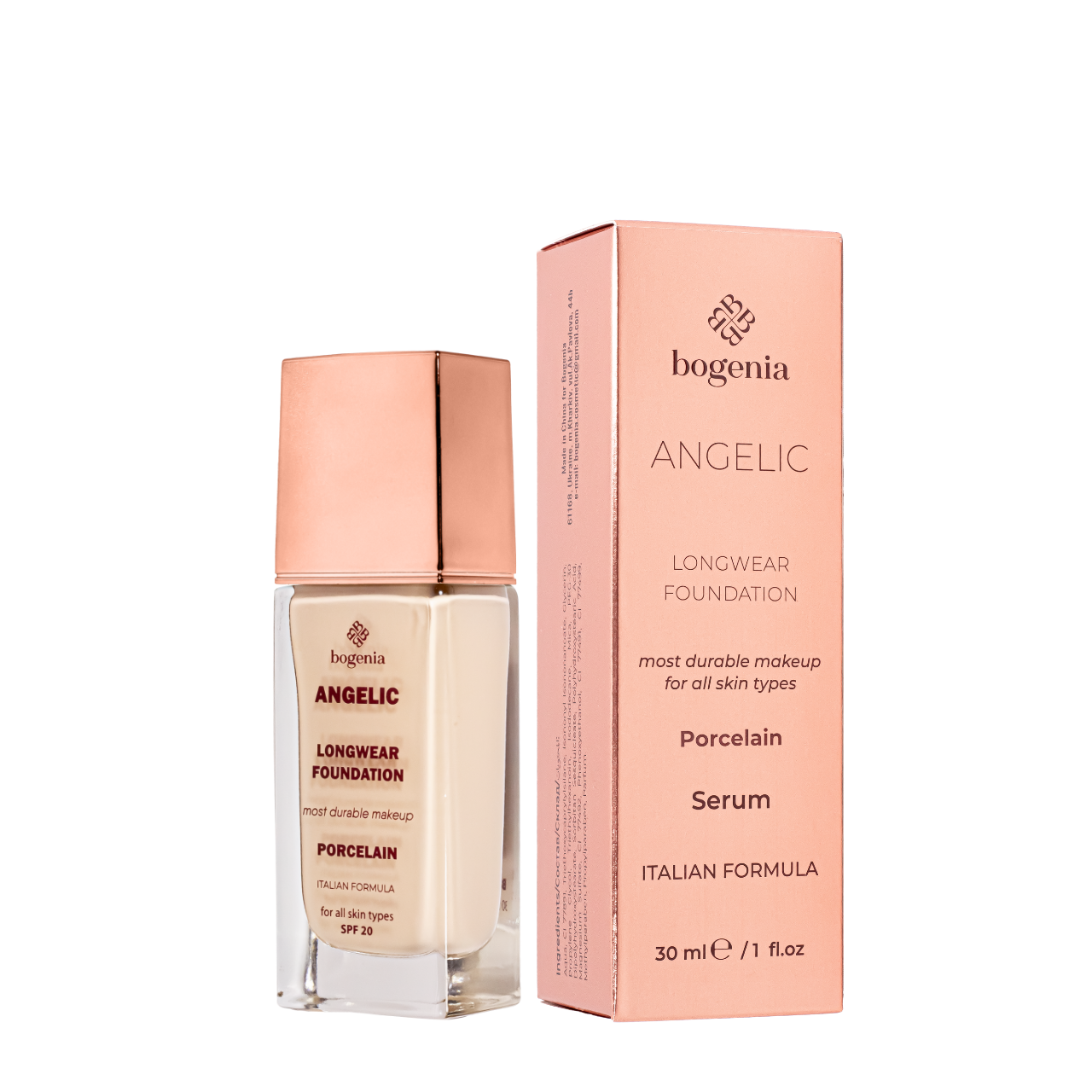 Тональна база для обличчя Bogenia Angelic Longwear Foundation BG605 30 мл, 001 Porcelain, фото 1
