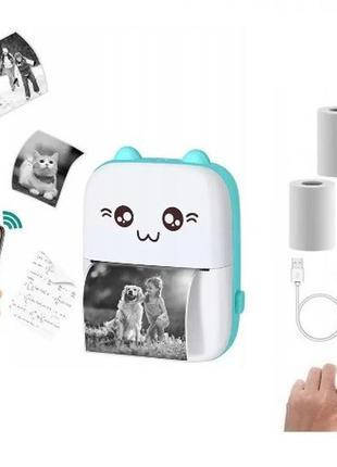 Портативний термопринтер Bambi Cat Mini printer Blue  YU227, фото 2