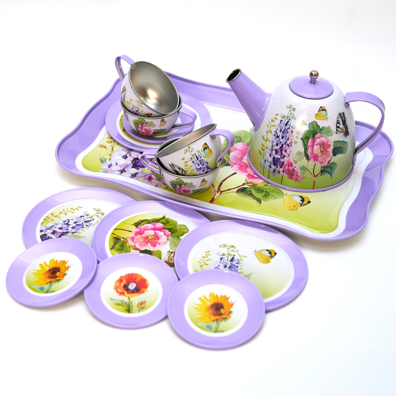 Дитячий ігровий посуд набір чайний "Метелик", 15 шт різнокольоровий, бляшаний (CH41025)