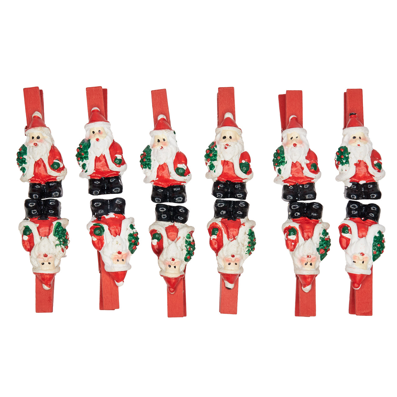 Ялинкові іграшки набір прищіпки Дід Мороз з ялинкою, 12 шт, 19х15 см, червоний, дерево, Набір новорічних іграшок (060382-4), фото 1