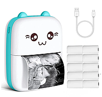 Портативный мини-принтер + рулон термобумаги(10шт) Детский карманный принтер Cat синий и розовый