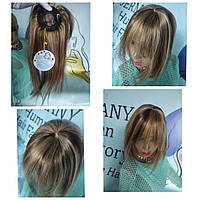 Накладка полу парик натуральный на заколках коричневый русый с челкой мелирование