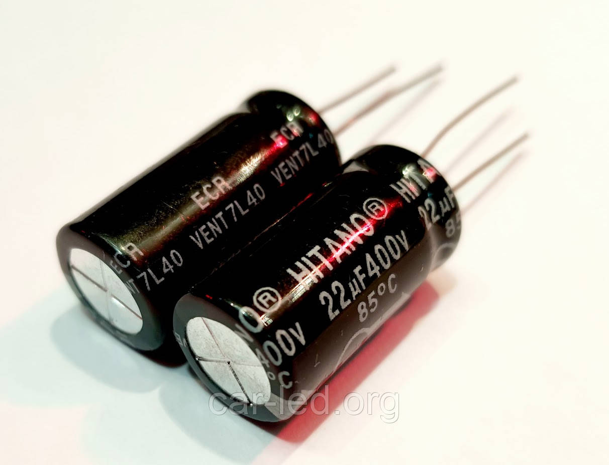 22uF 400V ECR 13x26mm (ECR220M2GB-Hitano) (85°C) електролітичний конденсатор, фото 1