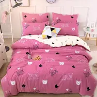 Комбінований Євро максі рожевий комплект постільної білизни з принтом Котики 200*220 з Бязі Gold бавовняний, Черешенька