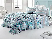 Светлый семейный набор хлопкового постельного белья с разноцветными узорами завитки из Бязи Gold комбинированный, Черешенка