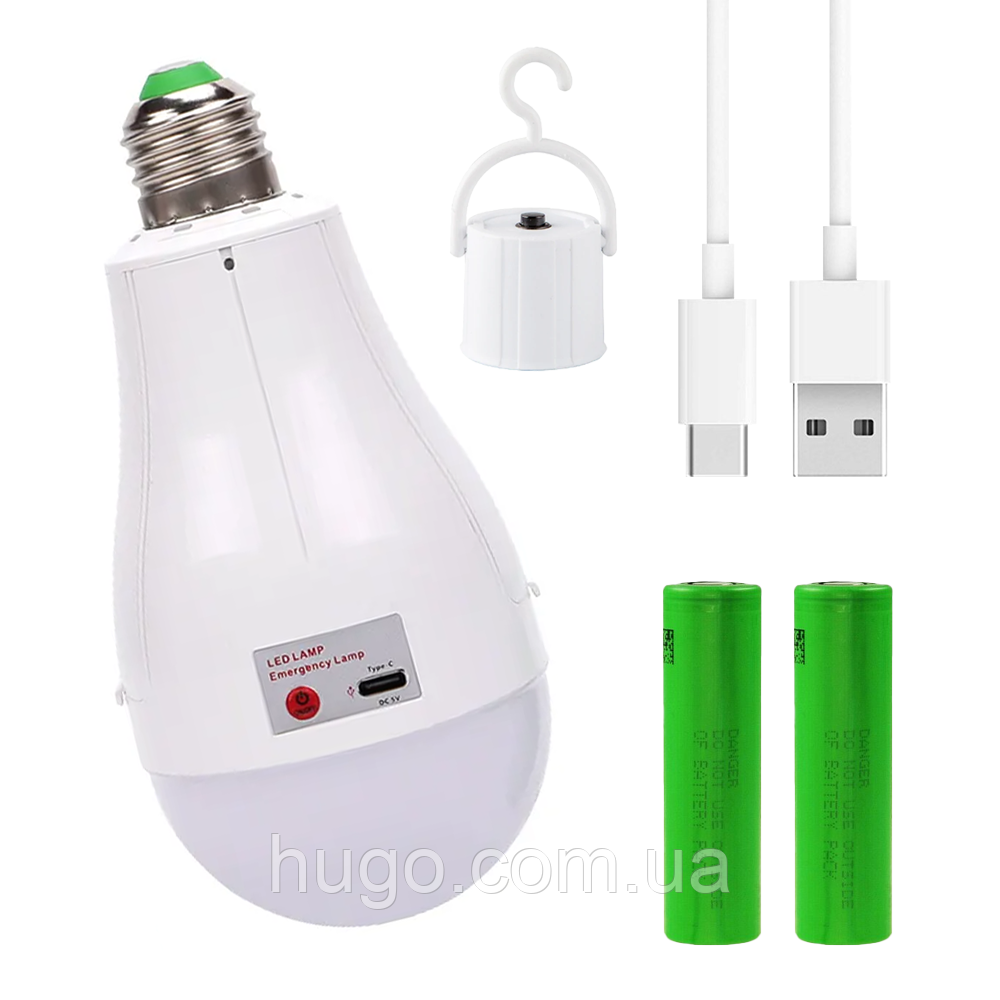 Світлодіодна LED лампочка з акумулятором 18650*2, FA-3920 Pro, 20W, E27 / Лампочка для кемпінгу з гачком
