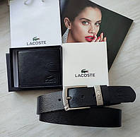 Кожаный подарочный набор Lacoste black кошелек и ремень