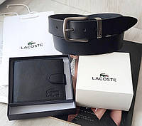 Подарунковий шкіряний набір, ремінь і гаманець Lacoste black