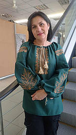 Вишиванка жіноча (зелене домоткане полотно) "Золоті Колоски"