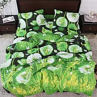 Зеленый набор хлопкового постельного белья семейный из Бязи Gold с большими одуванчиками от Черешенка