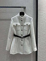 Пиджак Шанель белый твидовый удлиненный с ремнем, коллекция 2024