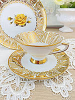 Німецька чайна трійка, чайна чашка, блюдце, тарілка, Gebrüder Winterling A.G, Німеччина, порцеляна, позолота