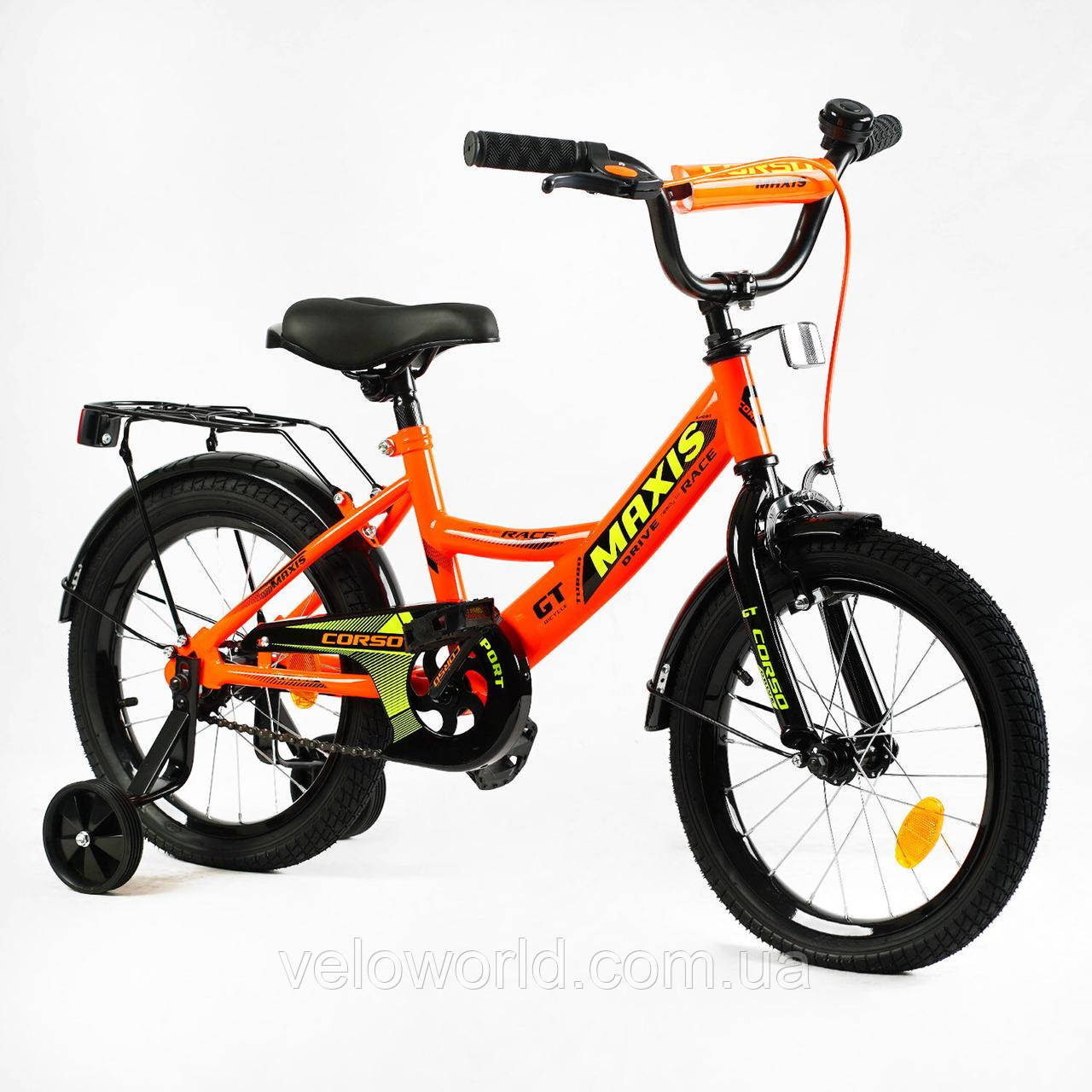 Дитячий сталевий двоколісний велосипед Corso Maxis 16" ручне гальмо, дзвони, додаткові колеса