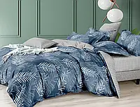 Синий двуспальный набор постельного белья с перьями 180*220 из Бязи двухцветный Gold Черешенка
