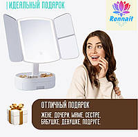 Настольное тройное зеркало с LED-подсветкой для макияжа и сенсорным управлением, Зеркало с шкатулкой