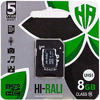 Карта памяти "Hi-Rali" microSDHC 8 гб +АДАПТЕР / 10 Class / Черный