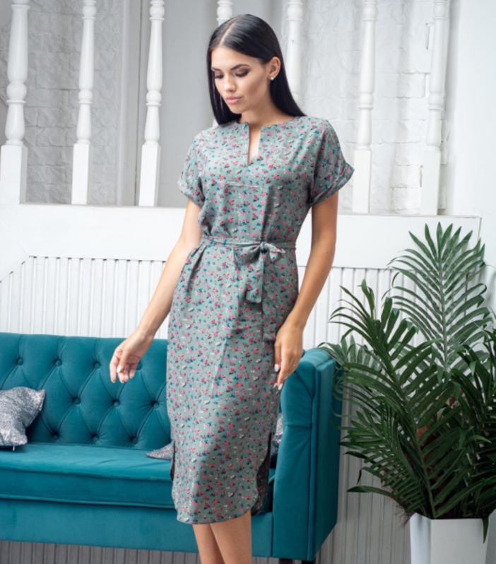 Літня сукня прямого крою оливкова з квітами вільна сукня жіноча з коротким рукавом сукня з поясом, фото 1