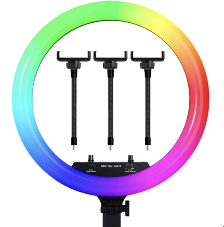 Лампа кольцевая 33 см YYMK33 RGB с пультом Кольцевая LED лампа 2.1 м с тремя держателями телефона, фото 1