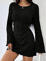 Жіноча витончена легка класична маленька сукня коротка довгий рукав в обтяжку рубчик чорний, сірий