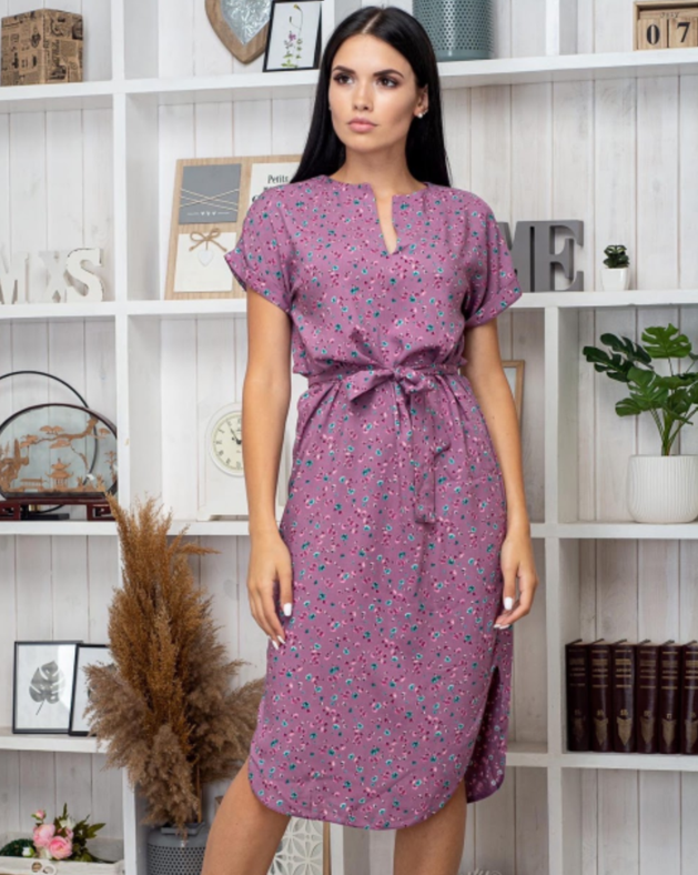 Літня сукня прямого крою бузкова в квіточку вільна сукня жіноча з коротким рукавом сукня з поясом 40-42 розмір, фото 1