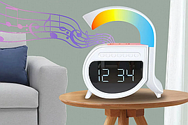 Настільна лампа нічник із будильником і Bluetooth колонкою 4 в 1 RGB Бездротовий зарядний пристрій