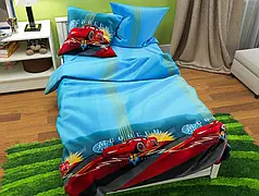 Дитяча постільна білизна напівторка машинки Блискавка Макквін 150х220 блакитний із Бязі Gold бавовняний, Черешенька