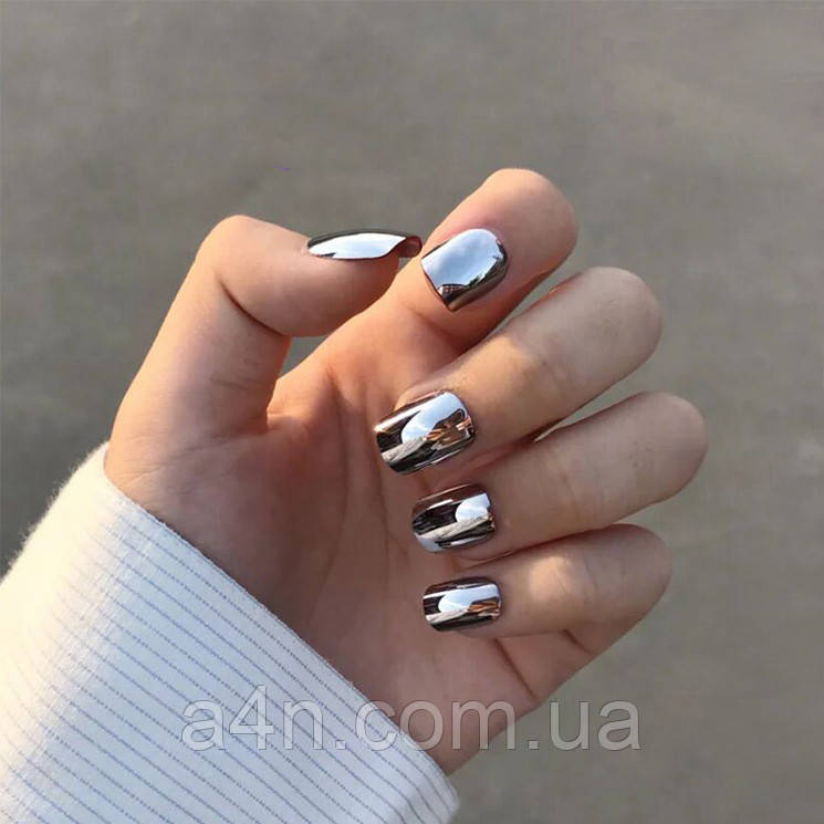 Накладні нігті 24 шт. дзеркальні, срібло + клейові стики для нігтів, типси квадрат для манікюру, фото 1