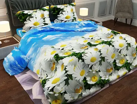 Яскравий односпальний набір постільної білизни квітковий принт із ромашками 150*220 з Бязі Gold Черешенька ТМ, фото 1