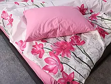 Двоколірний полуторний комплект постільної білизни з квітами 150*220 з Бязі Gold комбінований рожевий, Черешенька, фото 5