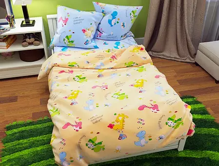 Односпальний комплект дитячої постільної білизни Динозаври 150*220 бавовняний, компаньйони блакитний і жовтий із Бязі Gold, фото 1