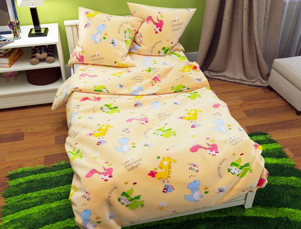 Односпальний комплект дитячої постільної білизни Динозаври 150*220 жовтого кольору з бязі Gold Черешенька ТМ
