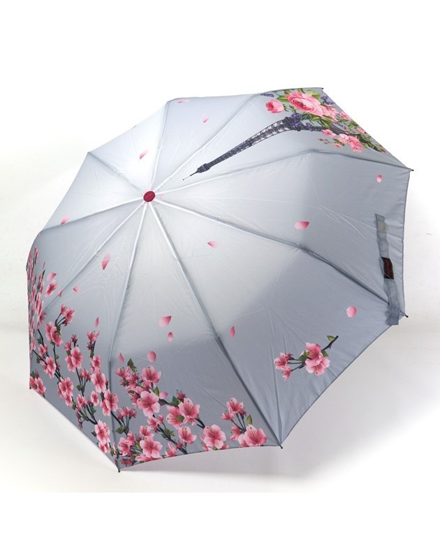 Парасолька напівавтомат жіноча Toprain 625 на 9 спиць з Ейфелевою вежею Сіро-рожевий, фото 1