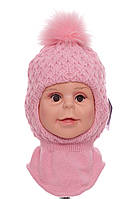 Шапка-шлем для девочки вязка термоутеплитель на флисе со стразами розовая