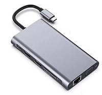 Переходник Lucom USB Type-C-HDMI +VGA + Type-C PowerDelivery 87W 4xUSB +RJ45 +Cardreader Сере LP, код: 8345702